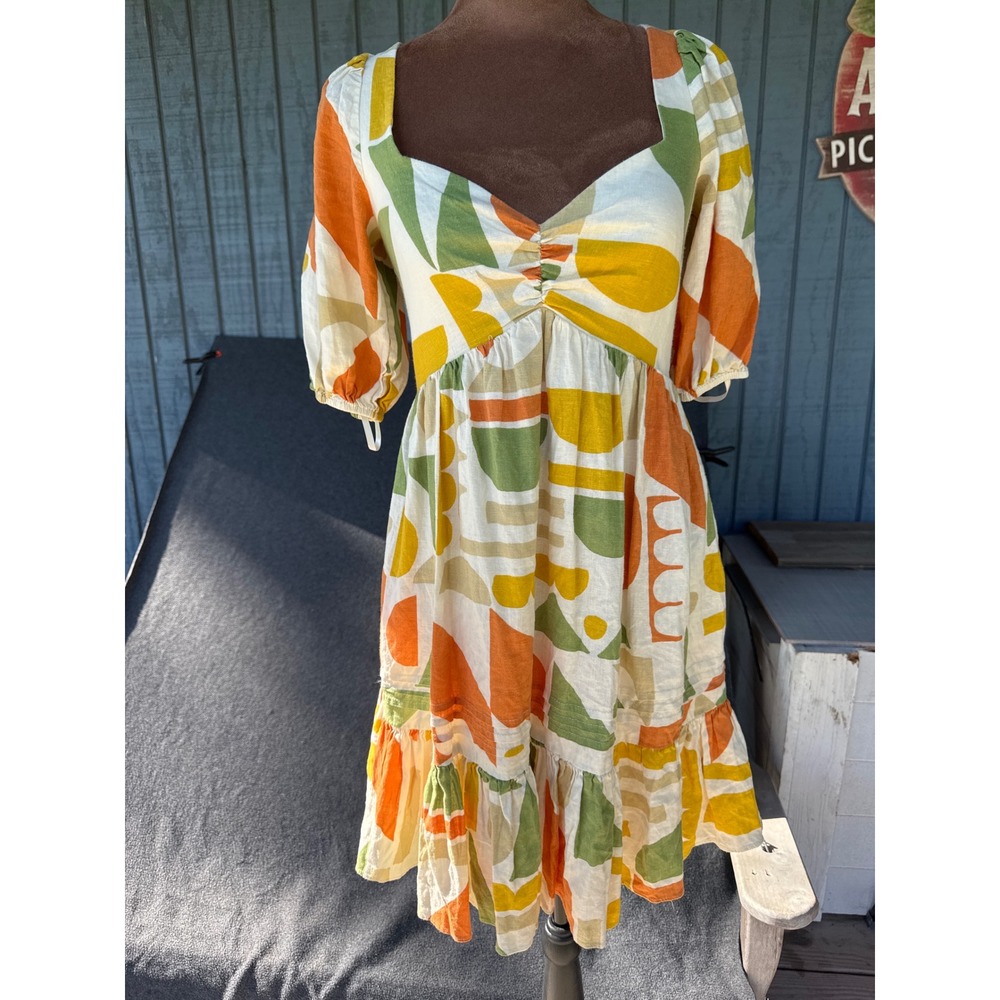 Gianni Bini Abstract Geometric Linen Blend Tiered Mini Dress Orange Green Size 0